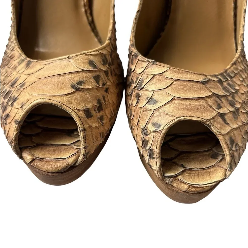 Stuart Weitzman Snakeskin Peep Toe Slingback Wood Platform heels sz 9.5 Mobwife